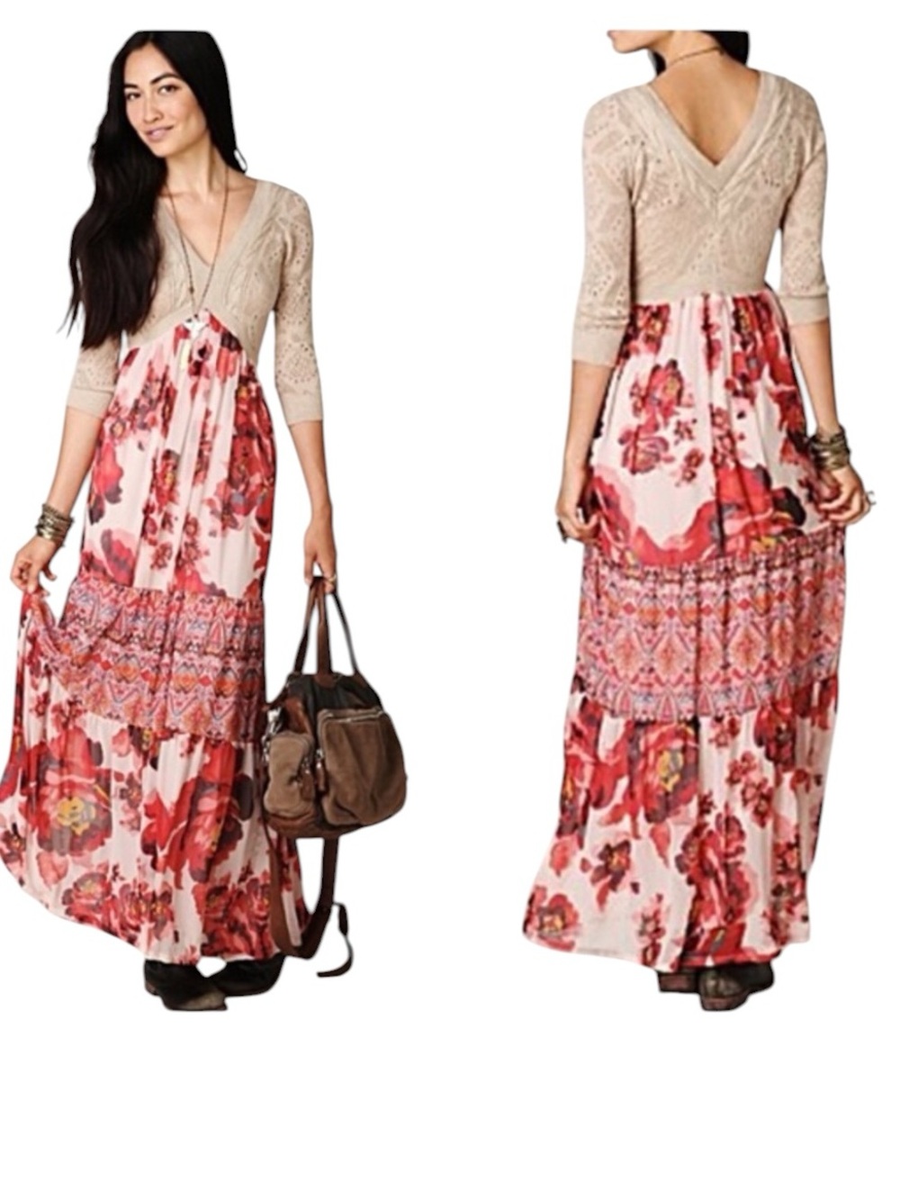 Free People Ethnic Rose Floral Print Tiered Maxi Dress Boho Romantic Size Large
